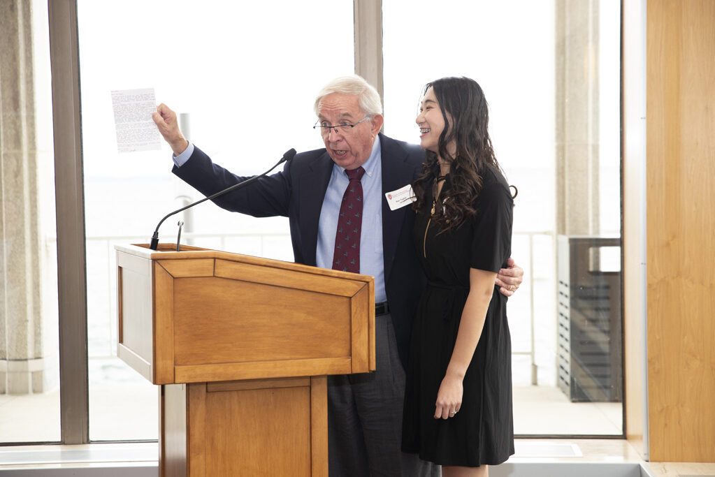 Alum Ronald Taylor (MS '66) and PharmD student Jenny Lin speak at the Fall 2022 Scholarship Brunch. | Photo by Ingrid Laas