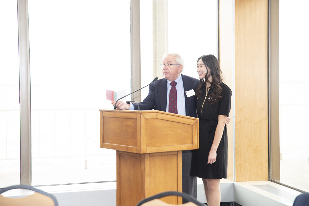 Alum Ronald Taylor (MS '66) and PharmD student Jenny Lin speak at the Fall 2022 Scholarship Brunch. | Photo by Ingrid Laas