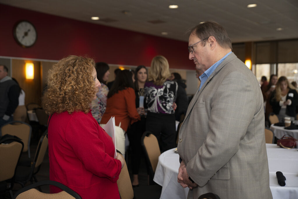 UW Chancellor Jennifer Mnookin speaks with Dean Steve Swanson. | Photo by Ingrid Laas