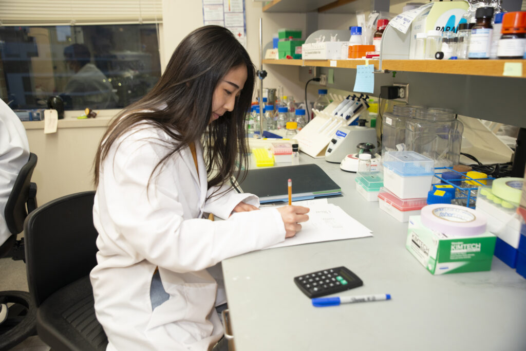 Ting-Jia Gu, a Pharmaceutical Sciences graduate student, records lab notes about a recent project.