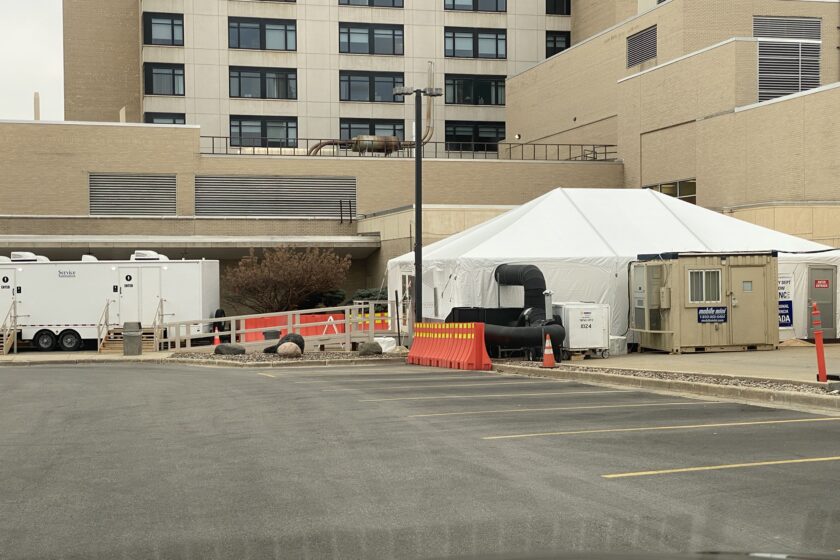 The outside of the emergency department's expansion tent.