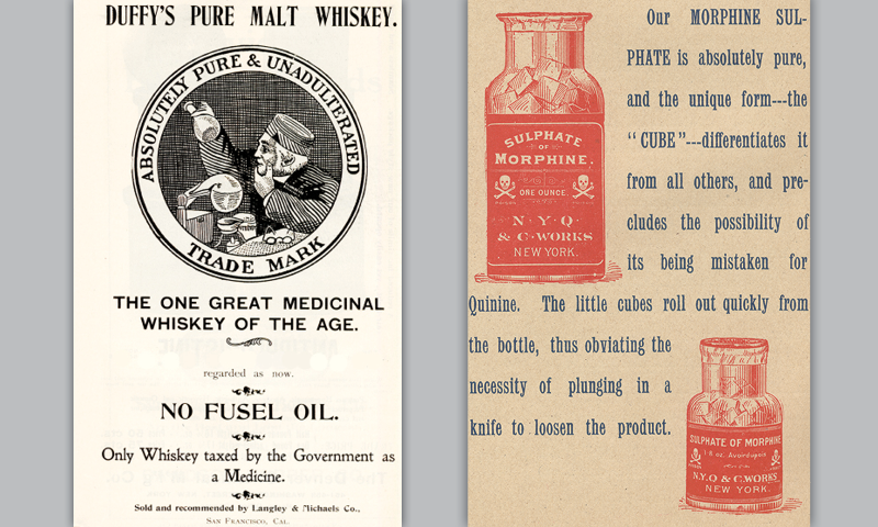 Vintage advertisement for Duffy's Pure Malt Whiskey, "The One Great Medicinal Whiskey of the Age" and a page about Morphine Sulphate