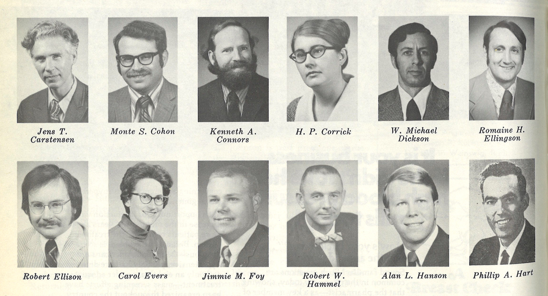 Black and white photos of Jens Carstensen, Monte Cohon, Kenneth Connors, HP Corrick, W. Michael Dickson, Romaine Ellingson, Robert Ellison, Carol Evers, Jimmie Foy, Robert Hammel, Alan Hanson, and Phillip Hart.