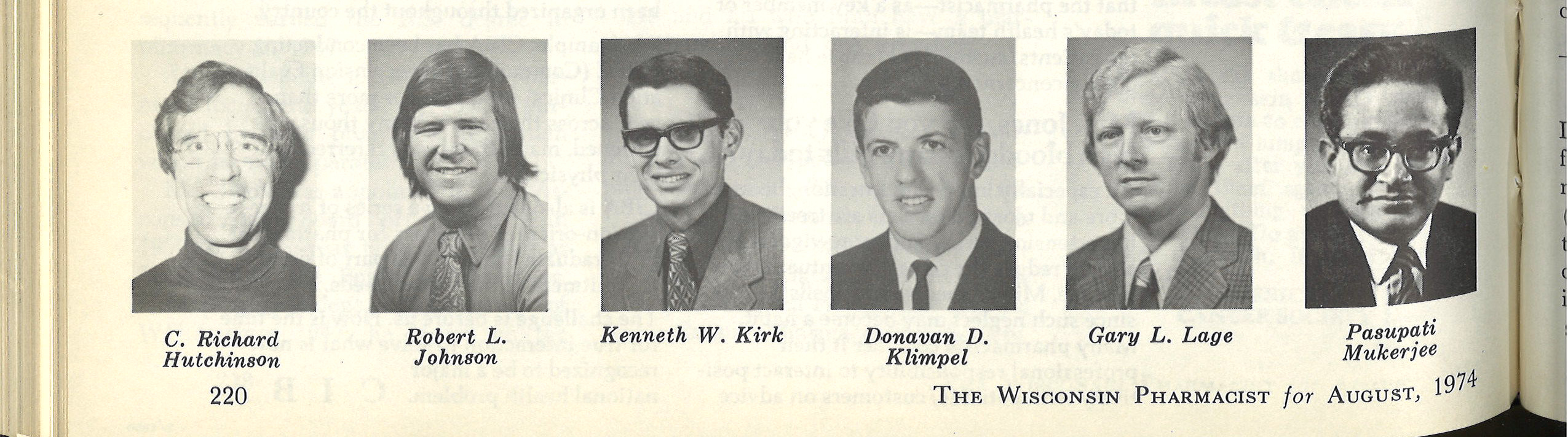 Black and white photos of C. Richard Hutchinson, Robert Johnson, Kenneth Kirk, Donavan Klimpel, Gary Lage, and Pasupati Mukerjee.