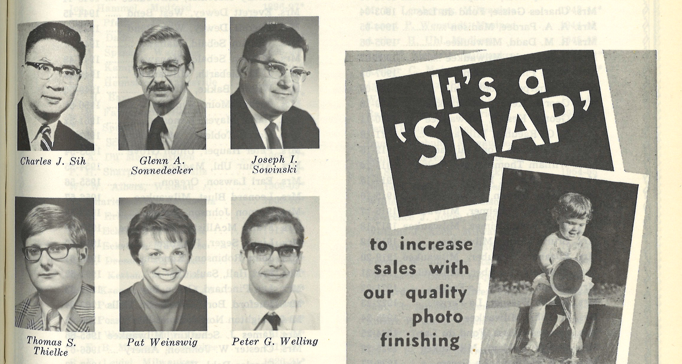 Black and white portraits of Charles Sih, Glenn Sonnedecker, Joseph Sowinski, Thomas Thielke, Pat Weinswig, and Peter Welling