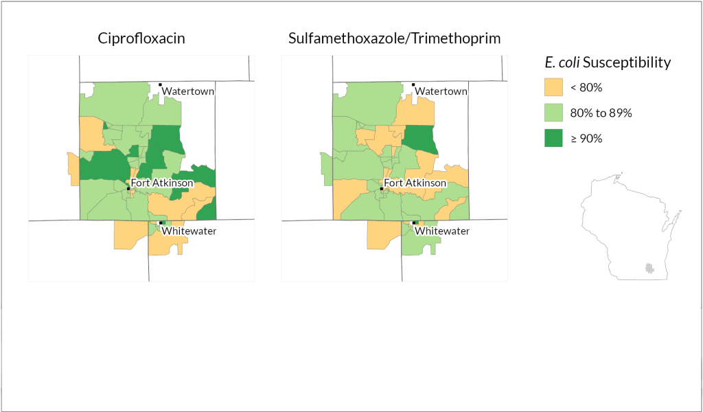 This map depicts variations in E. coli's susceptibility to two common antibiotic treatments within the Fort HealthCare health system centered around Fort Atkinson in southern Wisconsin. | Image courtesy of Laurel Legenza/University of Wisconsin–Madison
