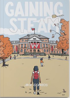 A book cover for Gaining Steam, featuring a drawing of a person walking toward Bascom Hall