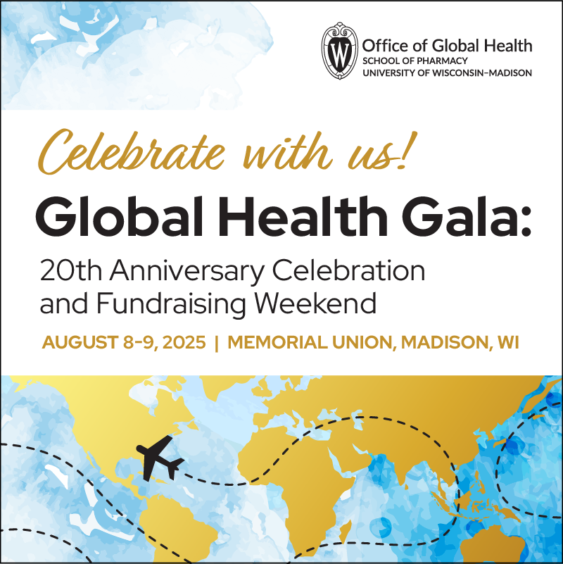 A graphic with the words: Celebrate with us! Global Health Gala: 20th Anniversary Celebration and Fundraising Weekend
