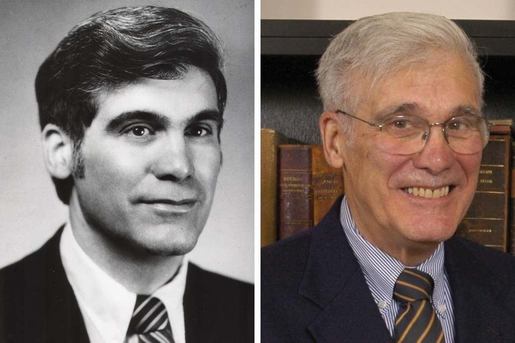 Black and white photo of George Zografi from when he was younger side-by-side of current picture