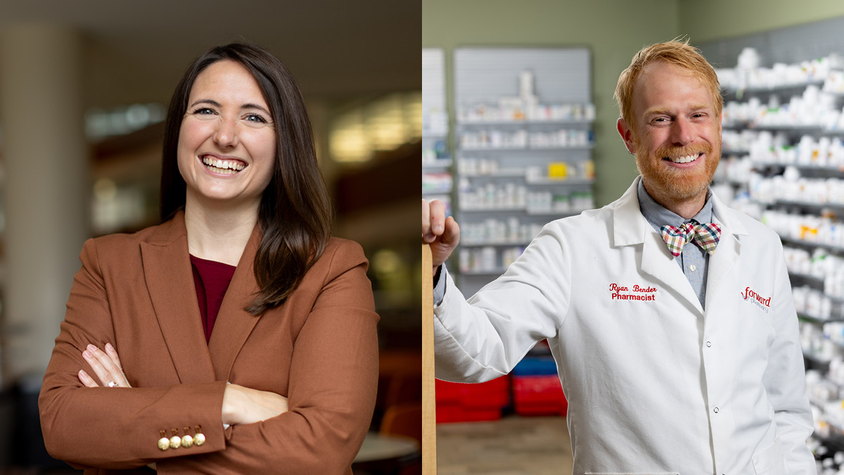 Portraits of Kristin Harney and Ryan Bender, with Ryan wearing a white coat in a pharmacy