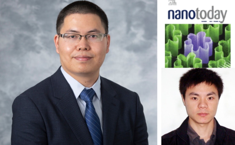 portraits of Dr. Quanyin Hu and postdoctoral researcher Jun Liu and Nano Today cover