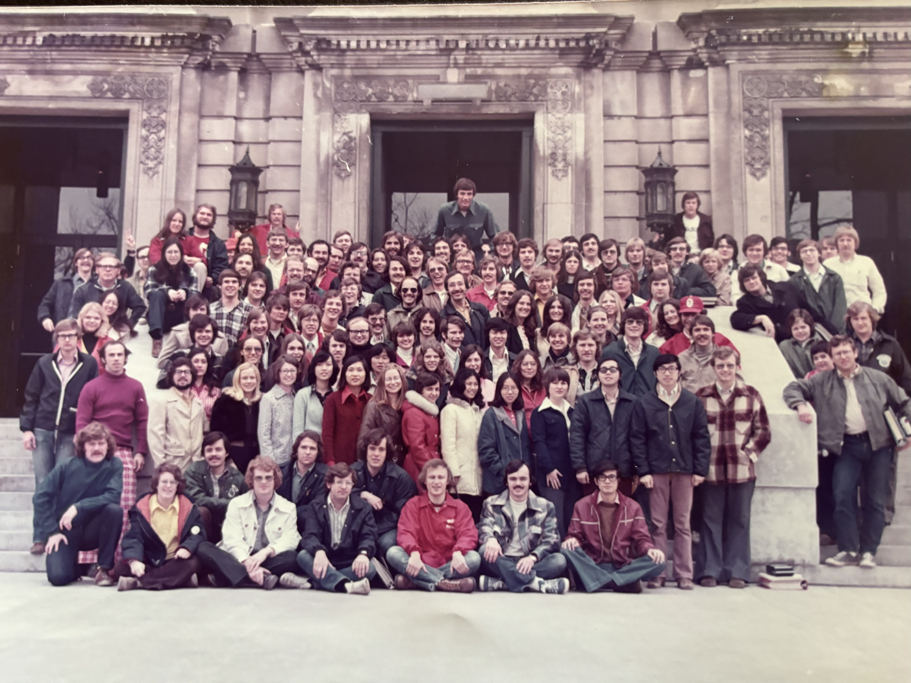 A large group photo of the Class of 1975 taken at the Wisconsin State Capital Building