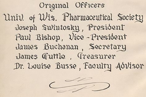 list of officers in the Pharmaceutical Society - hand printed calligraphy