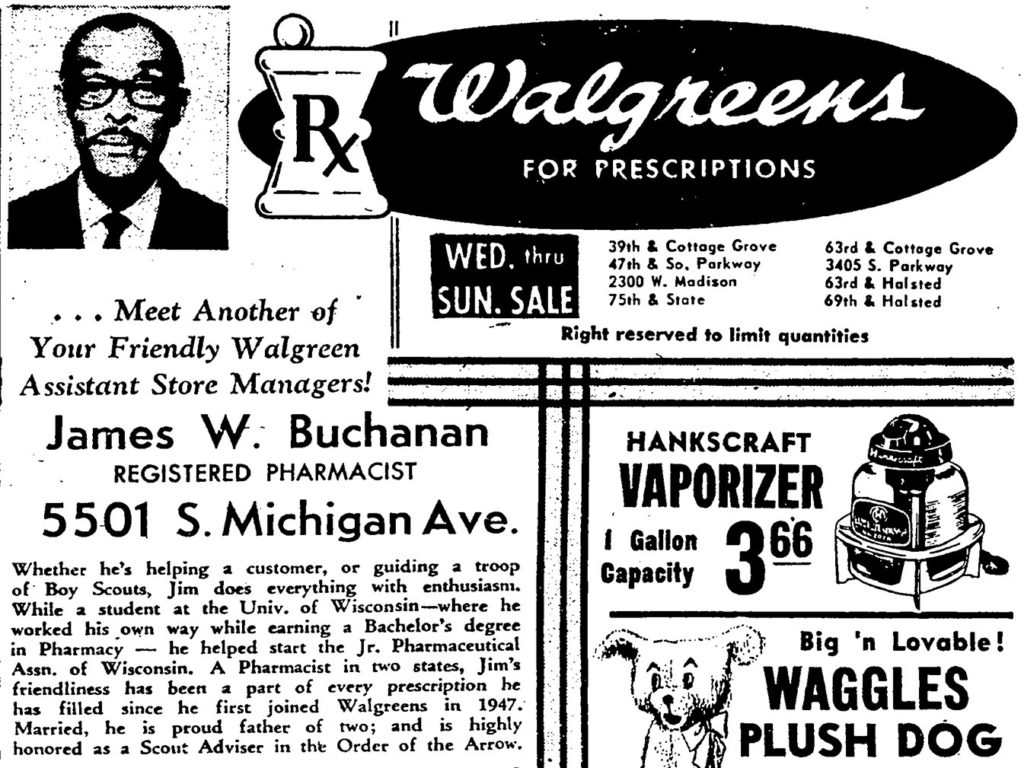 1966 Walgreens advertisement from the Chicago Defender featuring James Buchanan.