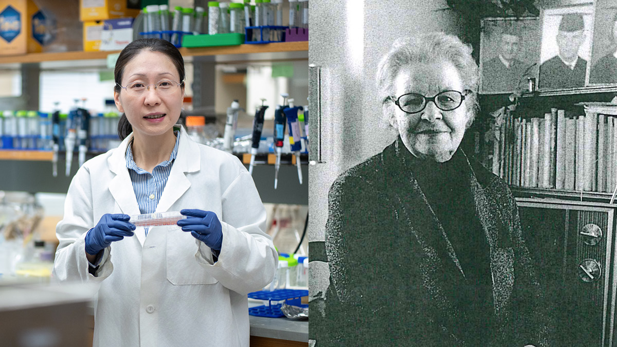 Portraits of Jiaoyang Jiang (in a lab) and Anna Apinis (black and white)