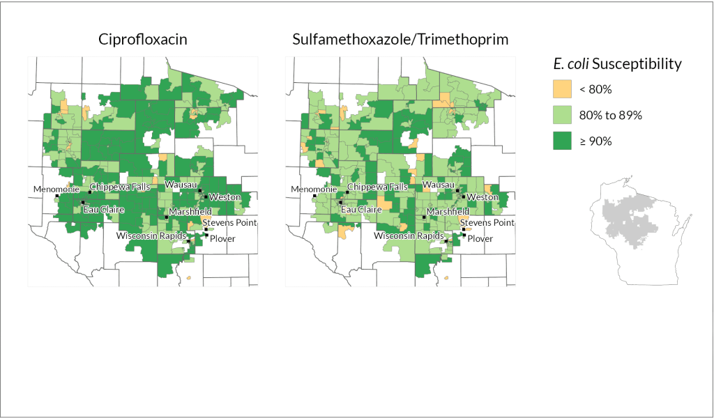 This map depicts variations in E. coli's susceptibility to two common antibiotic treatments within the Marshfield Clinic health system in parts of central and northern Wisconsin. | Image courtesy of Laurel Legenza/University of Wisconsin–Madison
