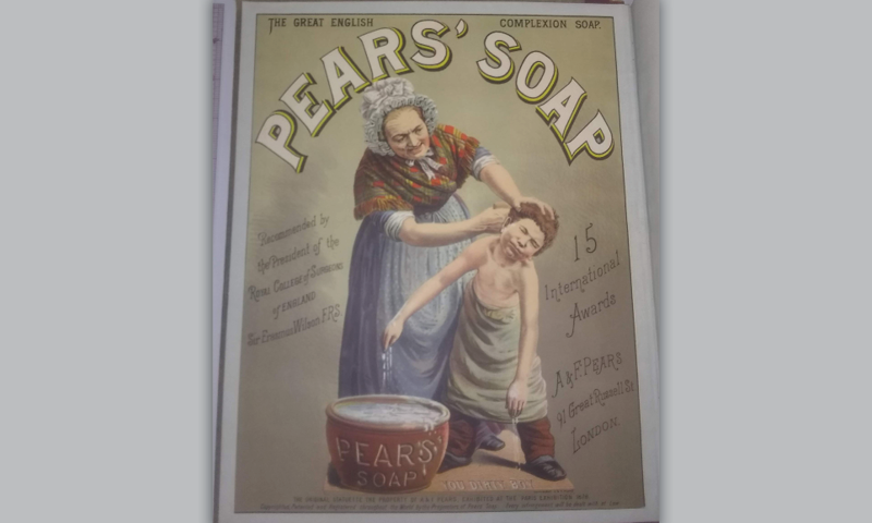 Vintage page labeled "Pear's Soap" with a grandmother washing her grandson's hair
