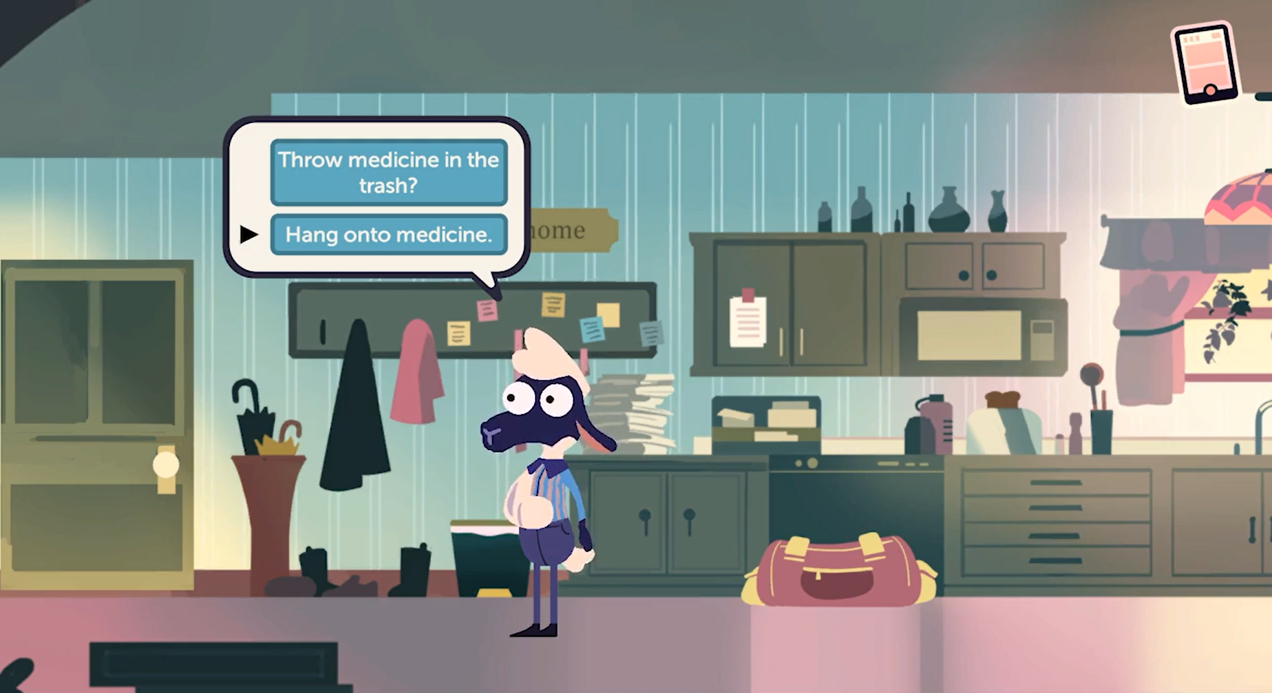 A cartoon sheep in an arm cast stands in a kitchen. A speech bubble has two options listed: keep the medications or throw them in the trash.
