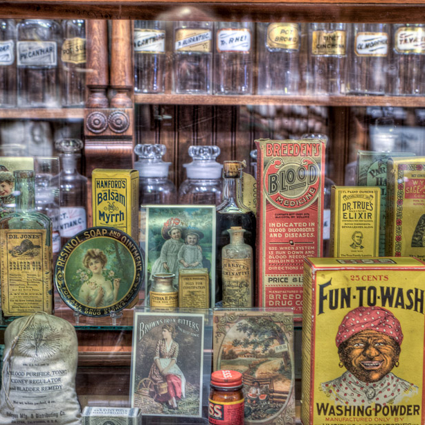 A photo from the historical collection of Nancy Haggar and her husband, featuring old bottles