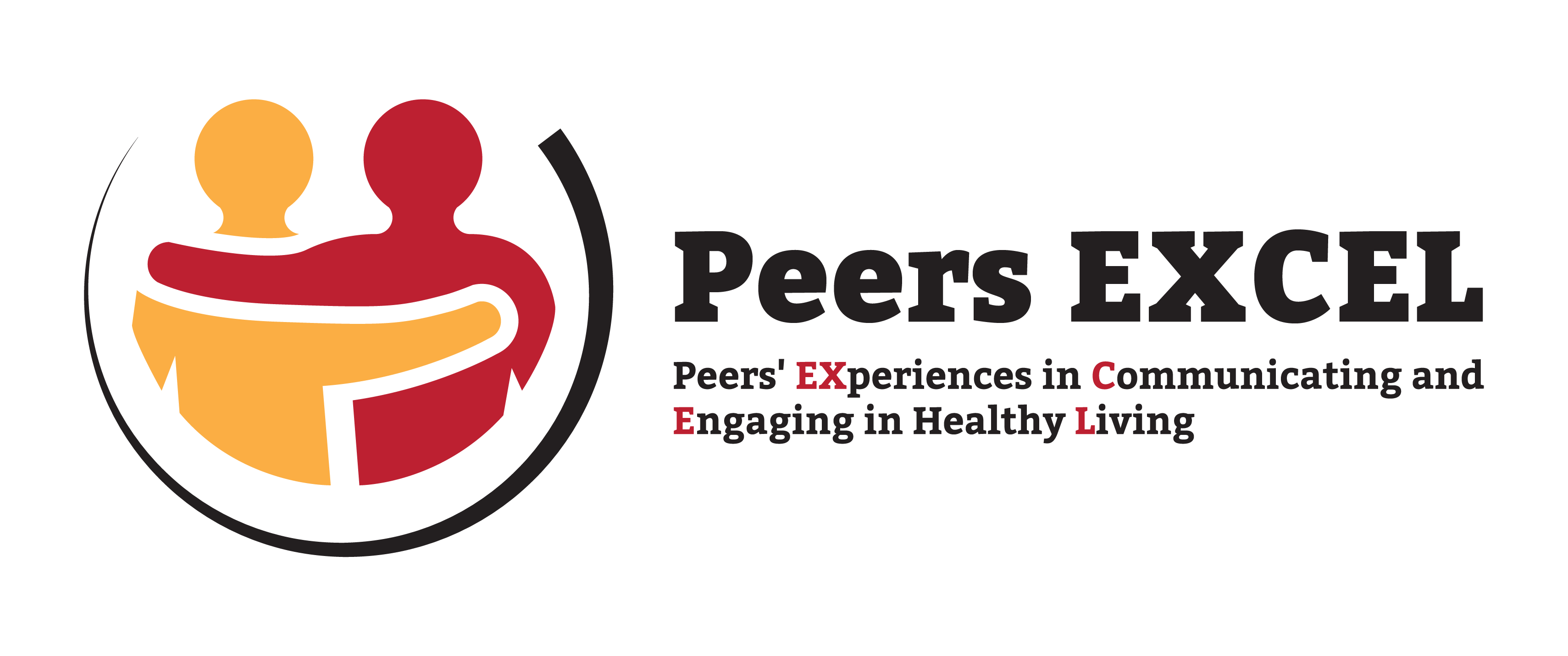 Logo for Peers EXCEL, reading "Peers EXCEL:  Peers' experiences in communicating and engaging in healthy living"