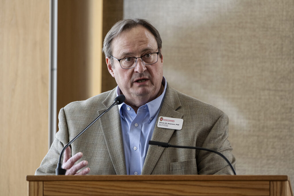 Dean Steve Swanson addresses the audience during the School of Pharmacy Scholarship Brunch at the Pyle Center in the Alumni Lounge on Sunday, April 10, 2022.