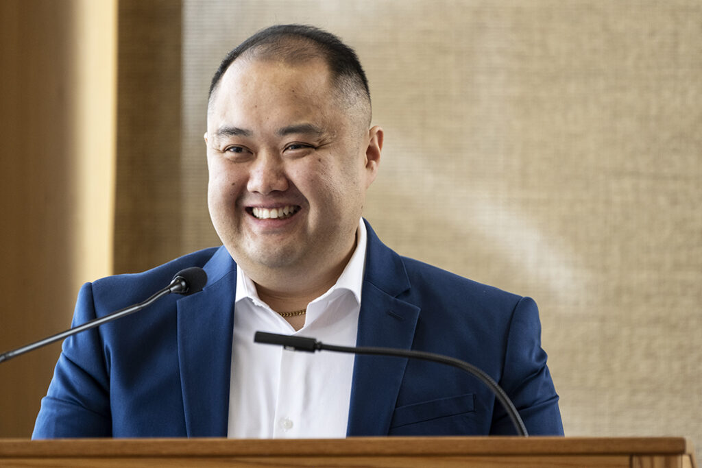 Student speaker Mark Moua talks about his time as a PharmD student as he addresses the audience during the School of Pharmacy Scholarship Brunch at the Pyle Center in the Alumni Lounge on Sunday, April 10, 2022.