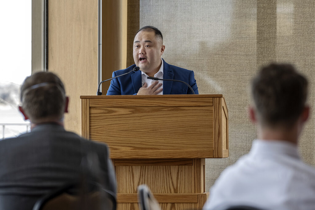 Student speaker Mark Moua talks about his time as a PharmD student as he addresses the audience during the School of Pharmacy Scholarship Brunch at the Pyle Center in the Alumni Lounge on Sunday, April 10, 2022.