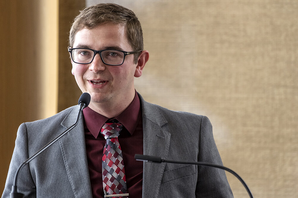 PAA speaker Alumni Michael Nagy talks about his time at UW-Madison School of Pharmacy and his career as a pharmacy while addressing the audience during the School of Pharmacy Scholarship Brunch at the Pyle Center in the Alumni Lounge on Sunday, April 10, 2022