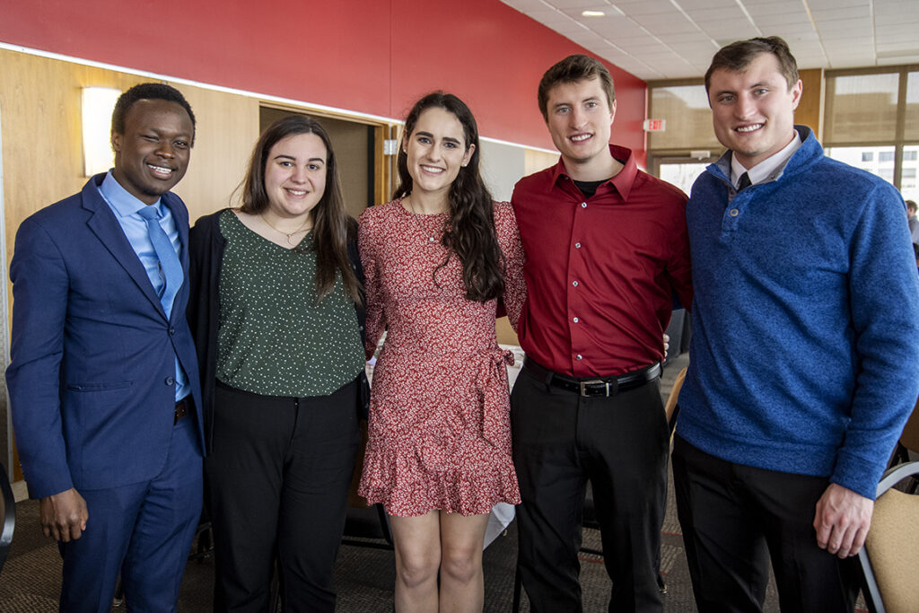 PharmD students grab a photo op after the Scholarship Brunch at the Pyle Center on April 10, 2022. Pictured L to R: Vincent Elijah, Maddy Szubert, Caroline Paley, McKay Carstens, and Kane Carstens.