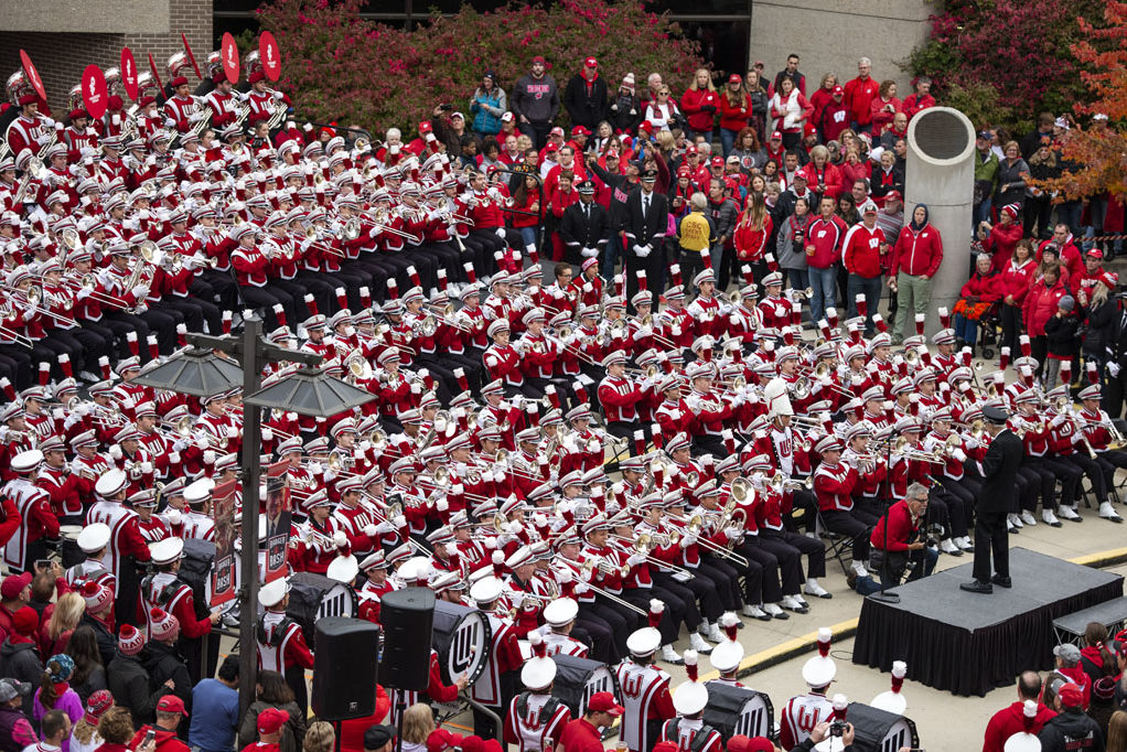 The Badger Band performs at the Badger Bash during the UW-Madison Pharmacy Alumni Tailgate event, held at Union South during the Badgers vs. Cornhuskers game.