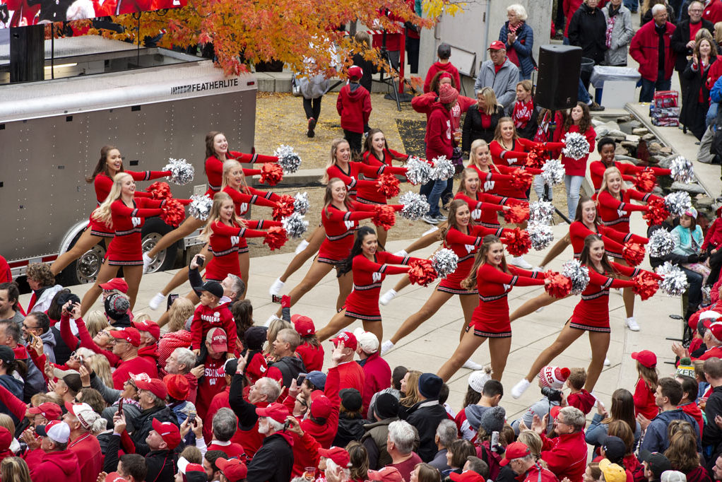 Cheerleaders perform at the Badger Bash during the UW-Madison Pharmacy Alumni Tailgate event, held at Union South during the Badgers vs. Cornhuskers game.