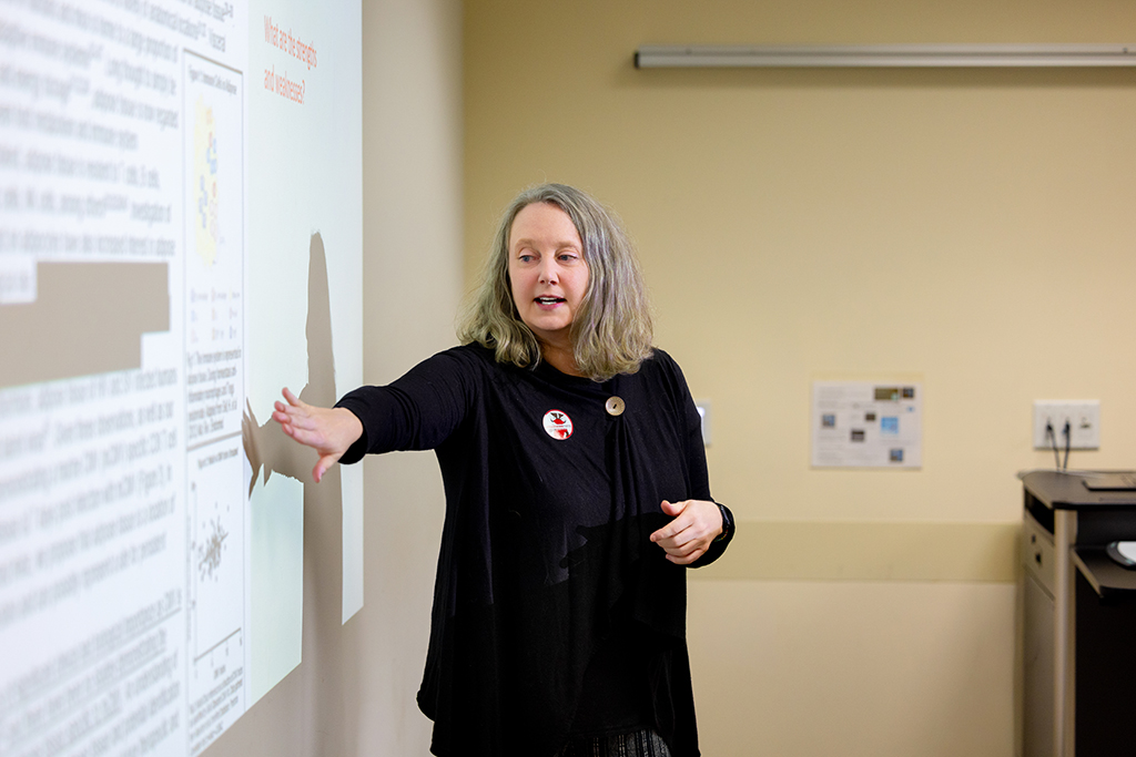 Lara Collier gestures to a large screen while leading a class