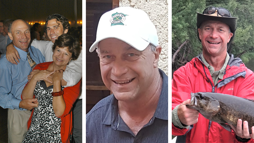 Arrangement of photos of: Rod Ammerman with family, portrait of Ammerman, and Ammerman with a fish he caught