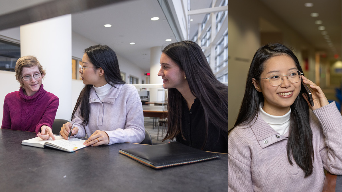 Kristi Jones, Jessica Liu, and Kira Kirsch speak at a table in a photo on the left. On the right, Jessica Liu talks on a cellphone