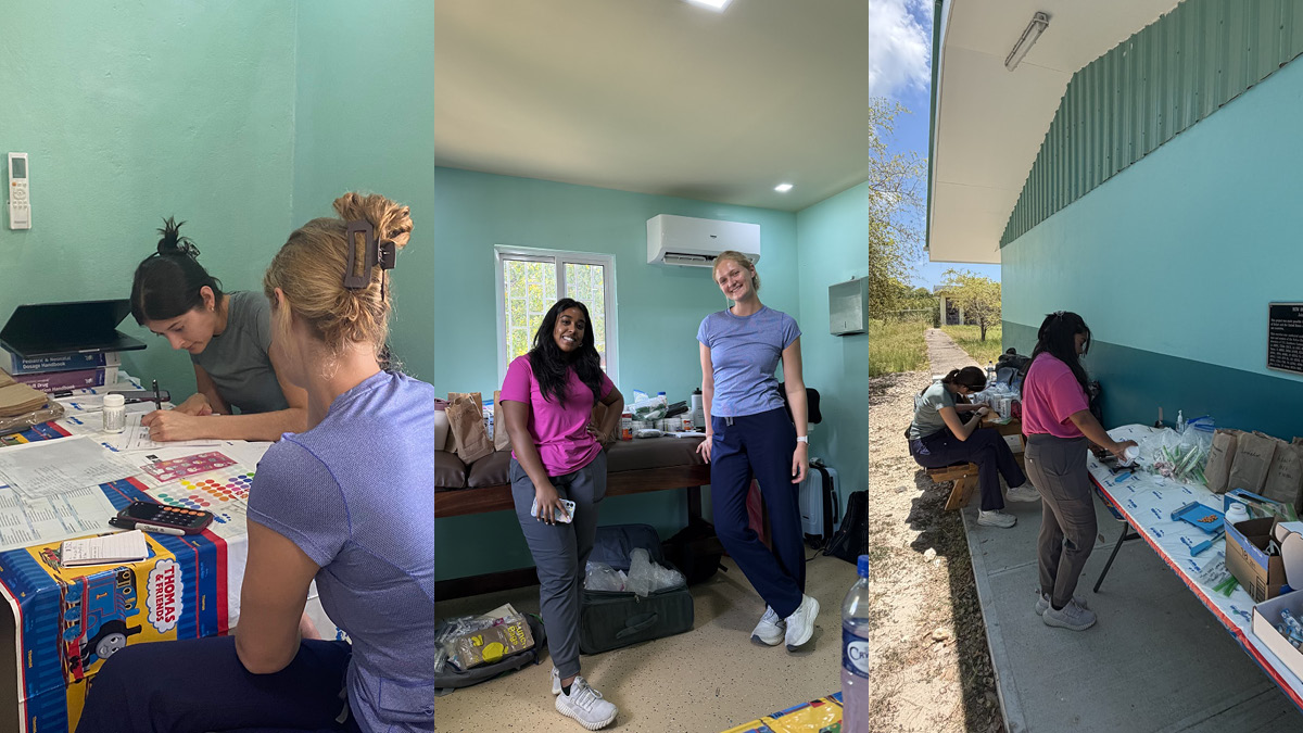 A collage of three photos showing PharmD students o rotation in Central America, preparing medications at tables