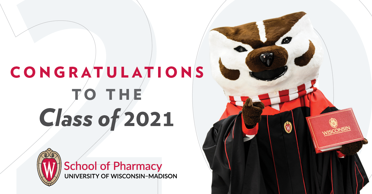 Bucky Badger in cap and gown holds a red UW-Madison diploma. "Congratulations to the Class of 2021"