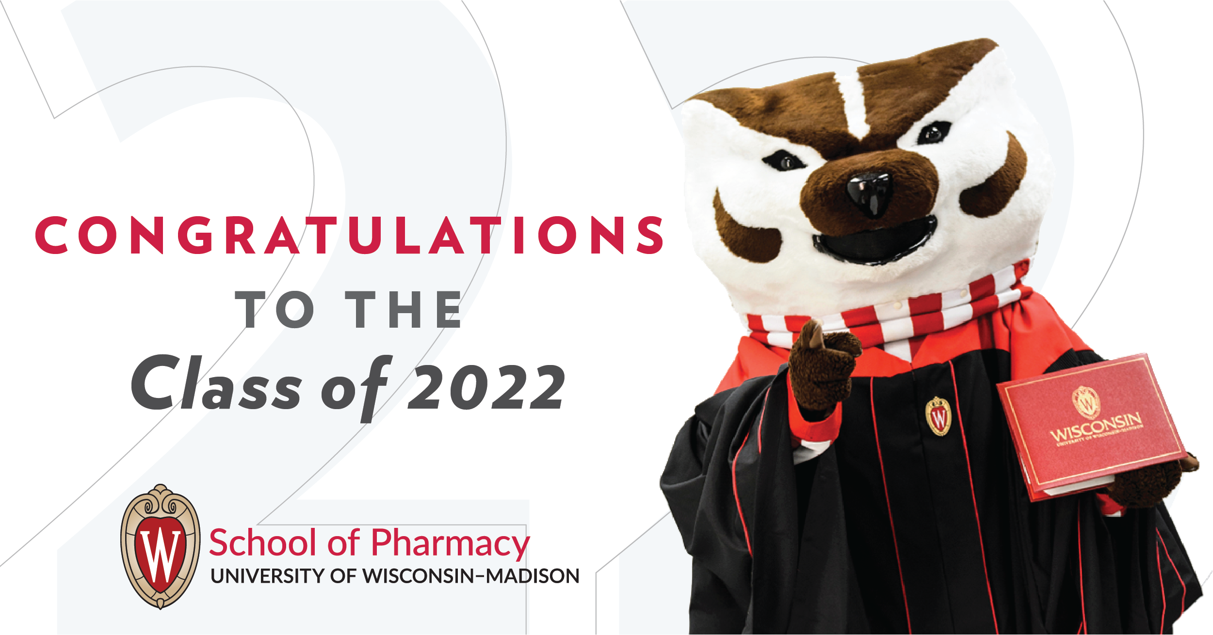 Bucky Badger in cap and gown holds a red UW-Madison diploma. "Congratulations to the Class of 2021"