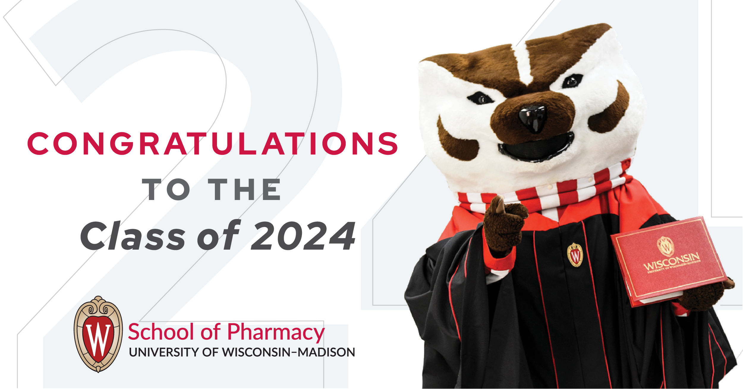 Bucky Badger dressed in graduation robes congratulates the Class of 2024