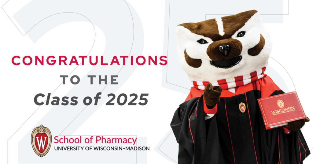 Bucky Badger dressed in graduation robes congratulates the Class of 2025