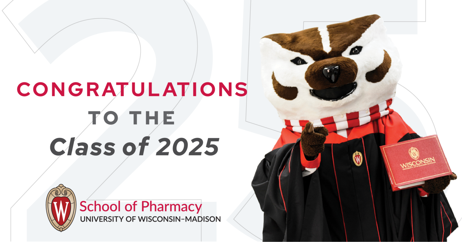 Bucky Badger, dressed in a UW graduation gown, stands next to a note that reads, "Congratulations to the Class of 2025"