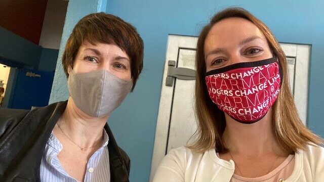 Leslie Dickmann and Kate Rotzenberg wearing masks taking a selfie at the Boys & Girls Taft Club