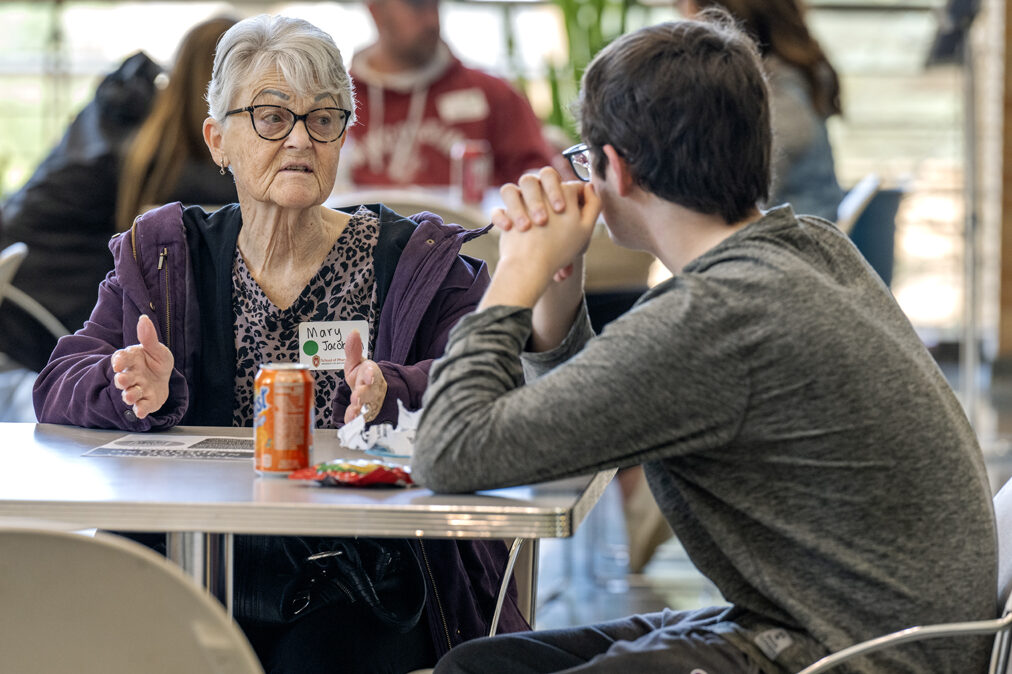 Keaton Littel chats with his grandmother, Mary Jacobson, during lunch before the Wonders of Pharmacy on Saturday, March 2, 2024, at the School of Pharmacy on the campus of UW-Madison. (Photo Paul L. Newby, II)
