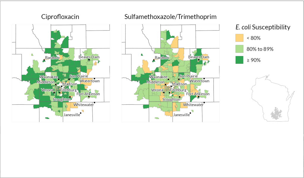 This map depicts variations in E. coli's susceptibility to two common antibiotic treatments within the UW Health health system in the Madison metro area and surrounding counties of south-central Wisconsin. | Image courtesy of Laurel Legenza/University of Wisconsin–Madison