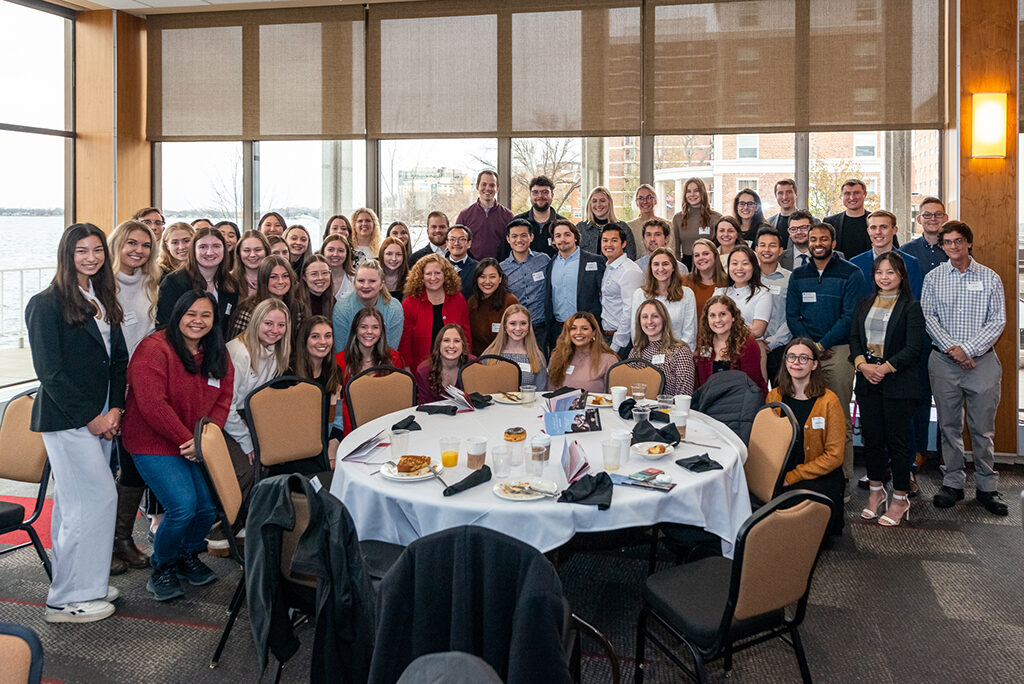 A group of PharmD student scholarship recipients, with Chancellor Jennifer Mnookin, at the Scholarship Brunch.