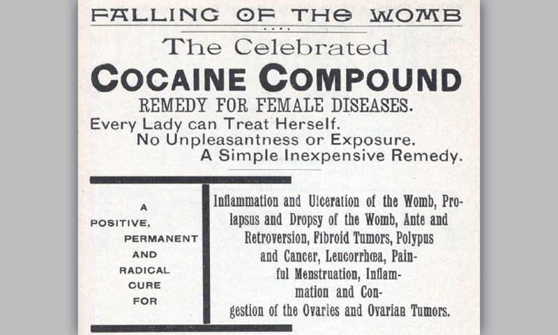 A newspaper advertisement called "Falling of the Womb" about cocaine as a remedy for women