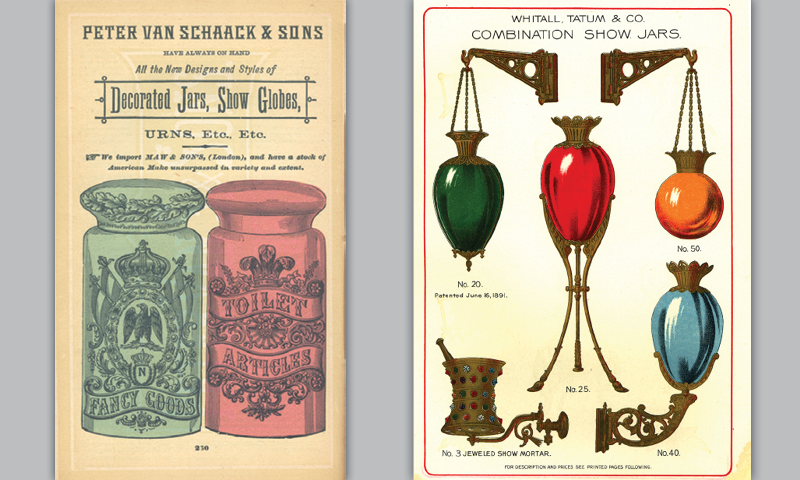 Vintage advertisement for Peter Van Schaack & Sons Decorated Jars, Show Globes, Urns, Etc. and an illustration of Whitall Tatum & Co pharmacy combination show jars