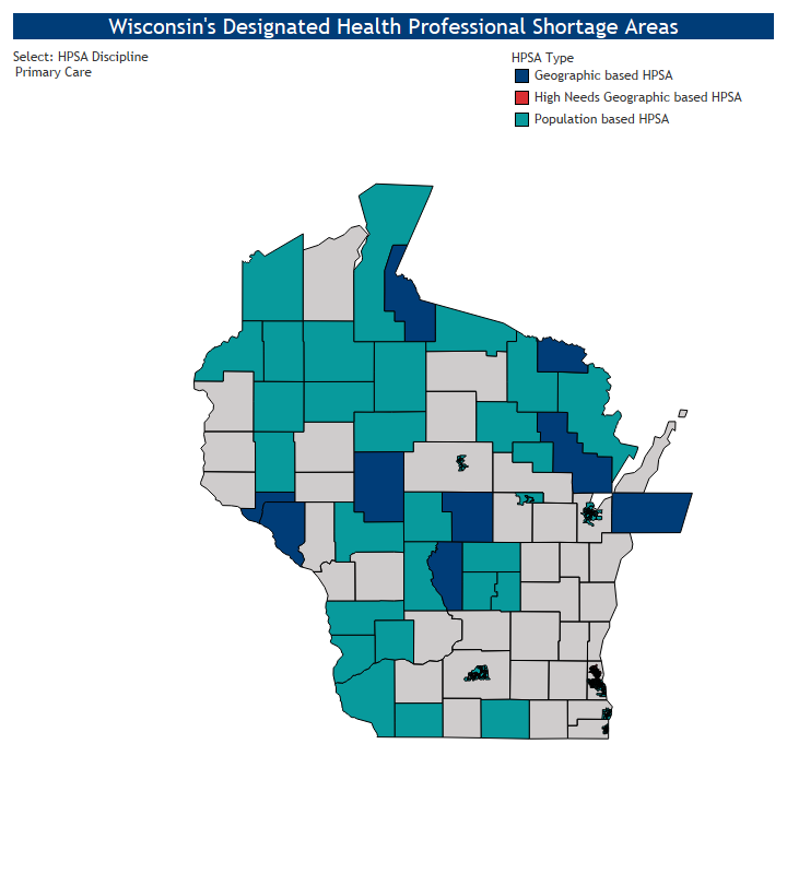 Map of primary care health provider shortage areas in Wisconsin
