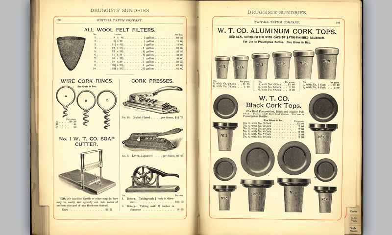 Vintage pages about a variety of goods related to corks
