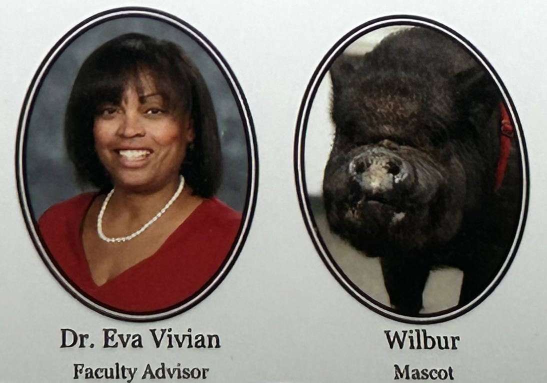 Oval photos of Professor Eva Vivian and Wilbur, a black potbelly pig