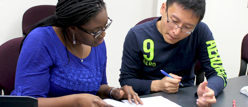 An HSRP graduate student discusses project data with his faculty advisor at a lab meeting